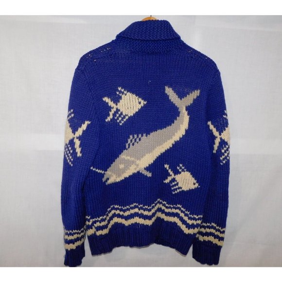 Vintage 50s 60s Cowichan cardigan Blue Whale Fish Wool Full Zip Sweater Jacket M - Picture 8 of 11